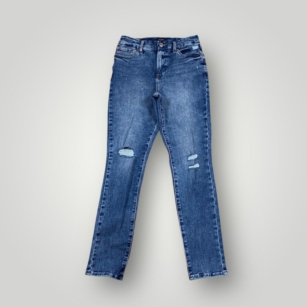 Express Jeans Womens Medium Blue High Rise Skinny Ultra Hyper Stretch Distressed